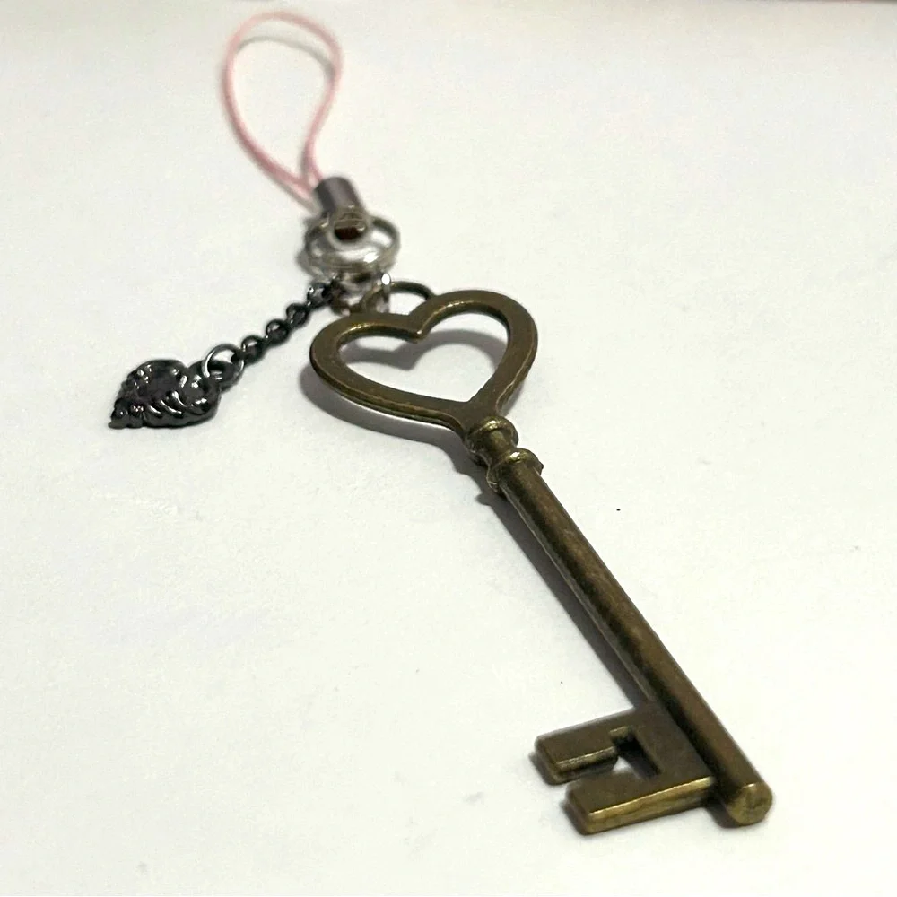 Heart Shaped Key, Bag Charm, Cellphone Charm, or Keychain Pink and Bronze